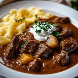 Delicious creamy Bavarian goulash served in a bowl with herbs on top