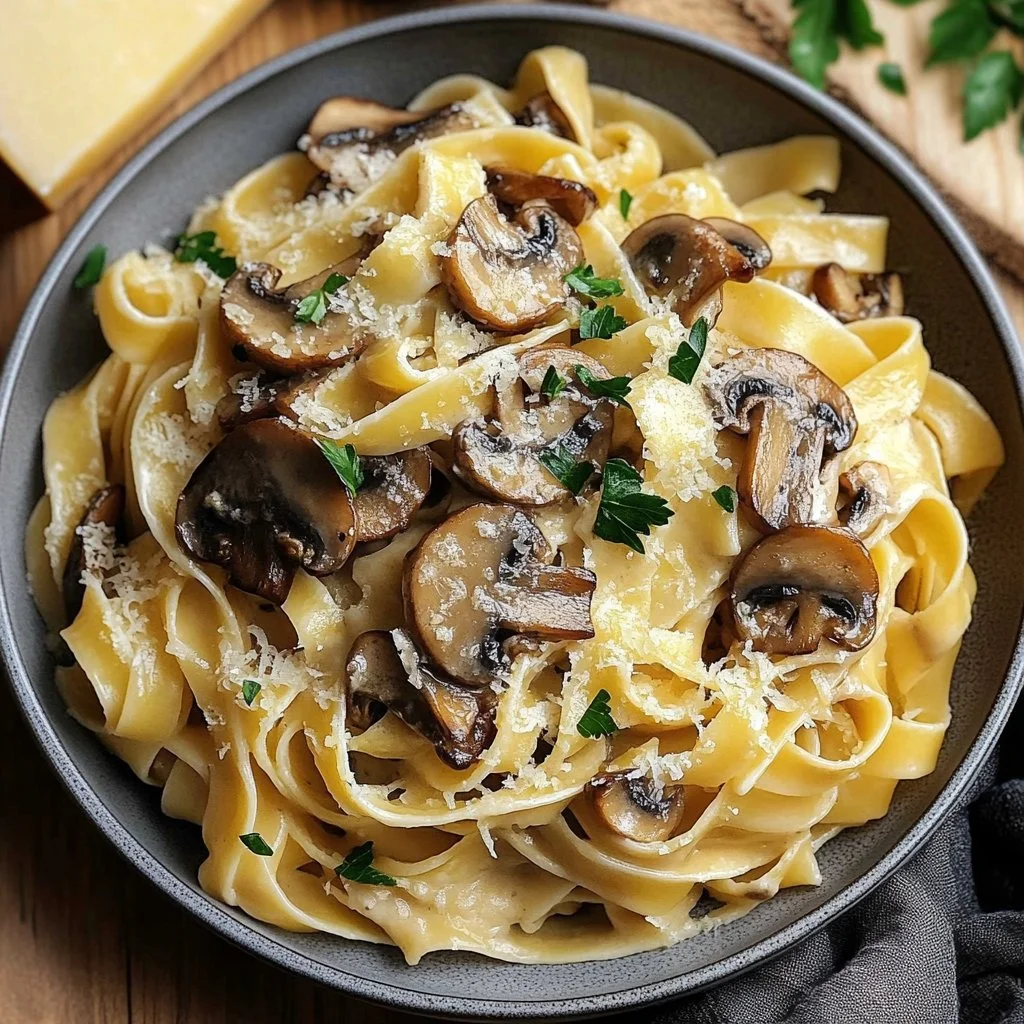 Creamy Gruyere pasta with caramelized leeks and mushrooms in a bowl.