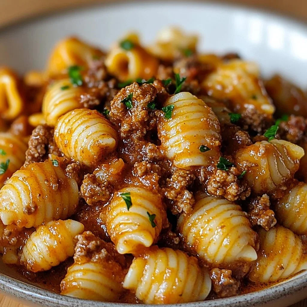 Creamy cheeseburger pasta bake topped with melted cheese and herbs