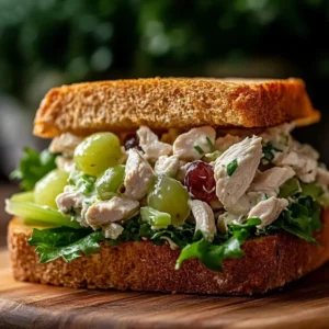 Delicious creamy chicken salad sandwich on a plate with fresh ingredients