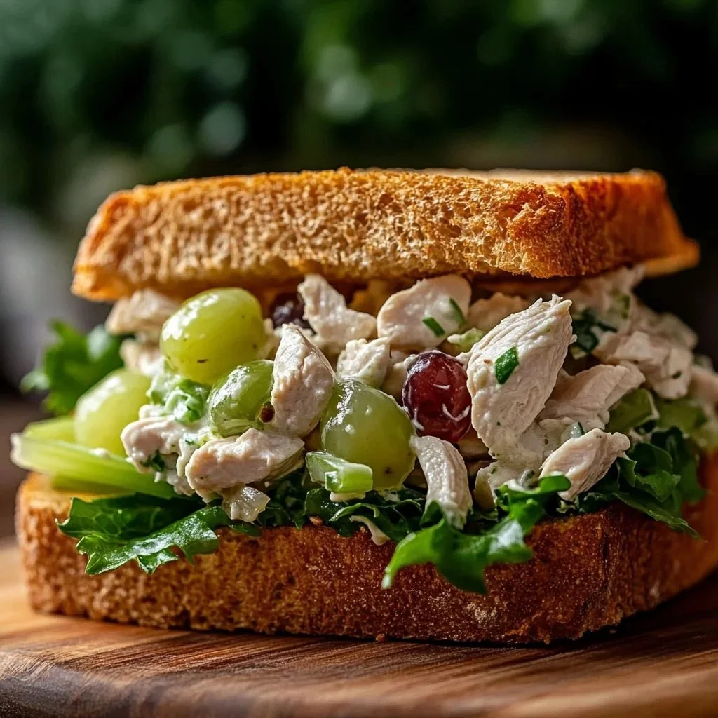 Delicious creamy chicken salad sandwich on a plate with fresh ingredients