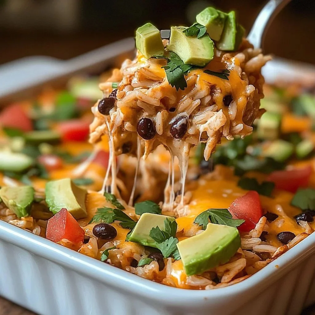 Delicious creamy chicken taco casserole served in a baking dish with toppings.
