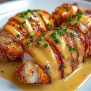 Creamy garlic lobster tail dish garnished with herbs and served on a plate