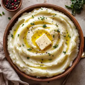 Creamy garlic mashed potatoes served in a bowl, garnished with herbs.