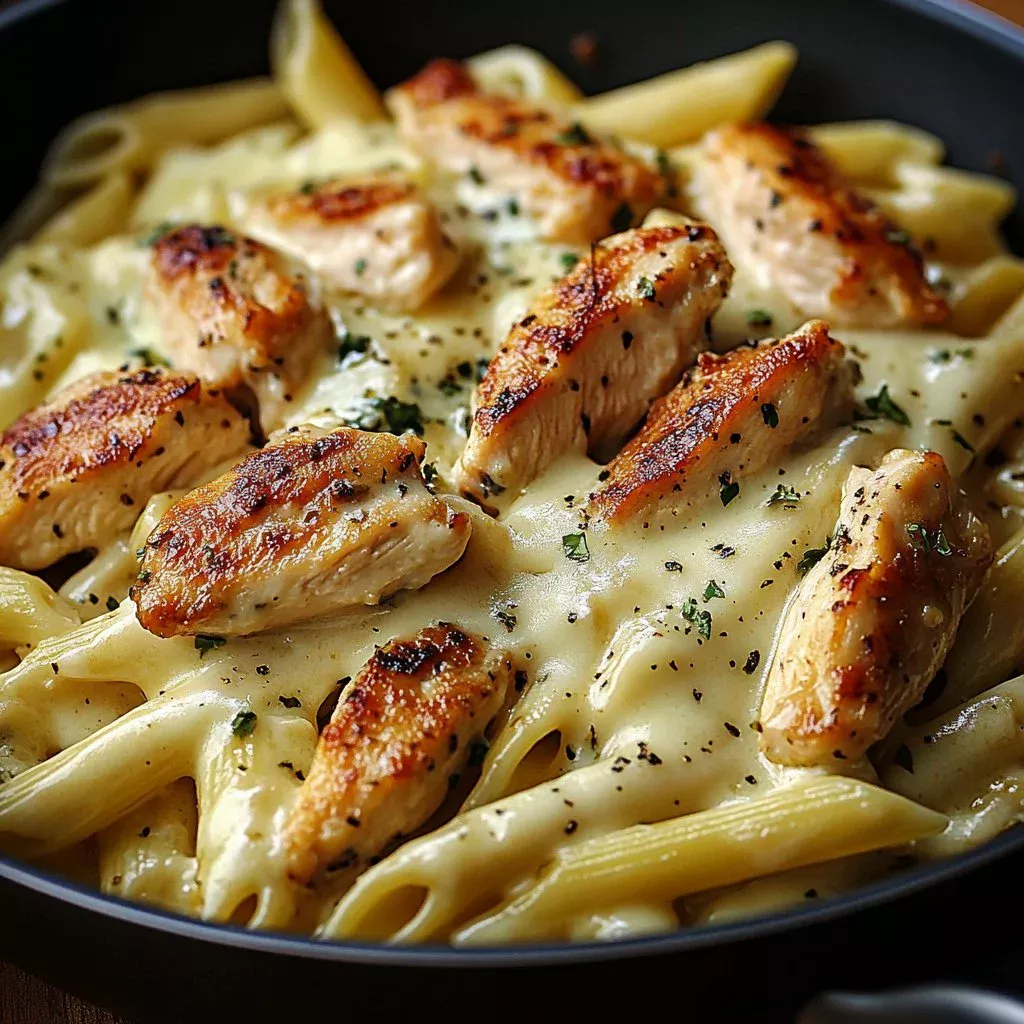Creamy garlic parmesan pasta with chicken served in a bowl