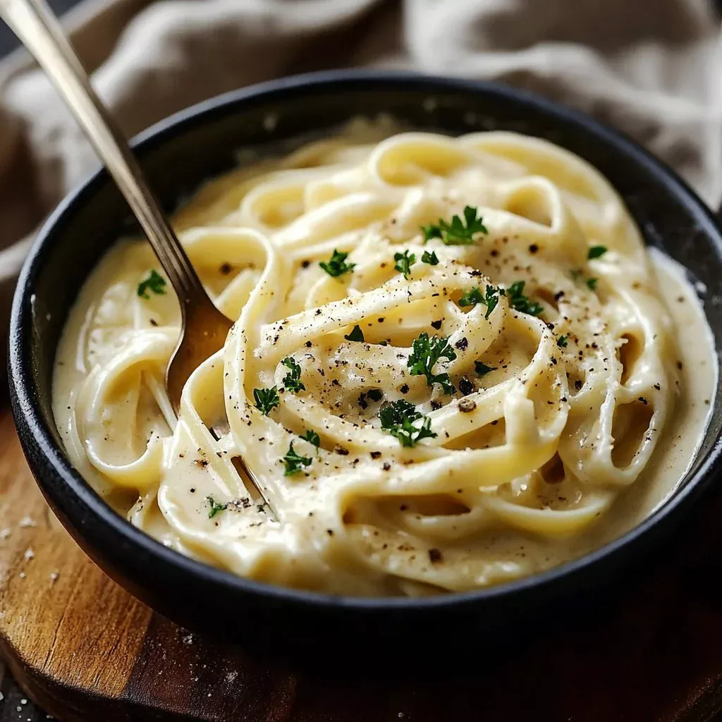 Bowl of creamy homemade Alfredo sauce served over fettuccine pasta.
