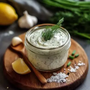 Homemade creamy ranch dressing served in a bowl with herbs and vegetables.