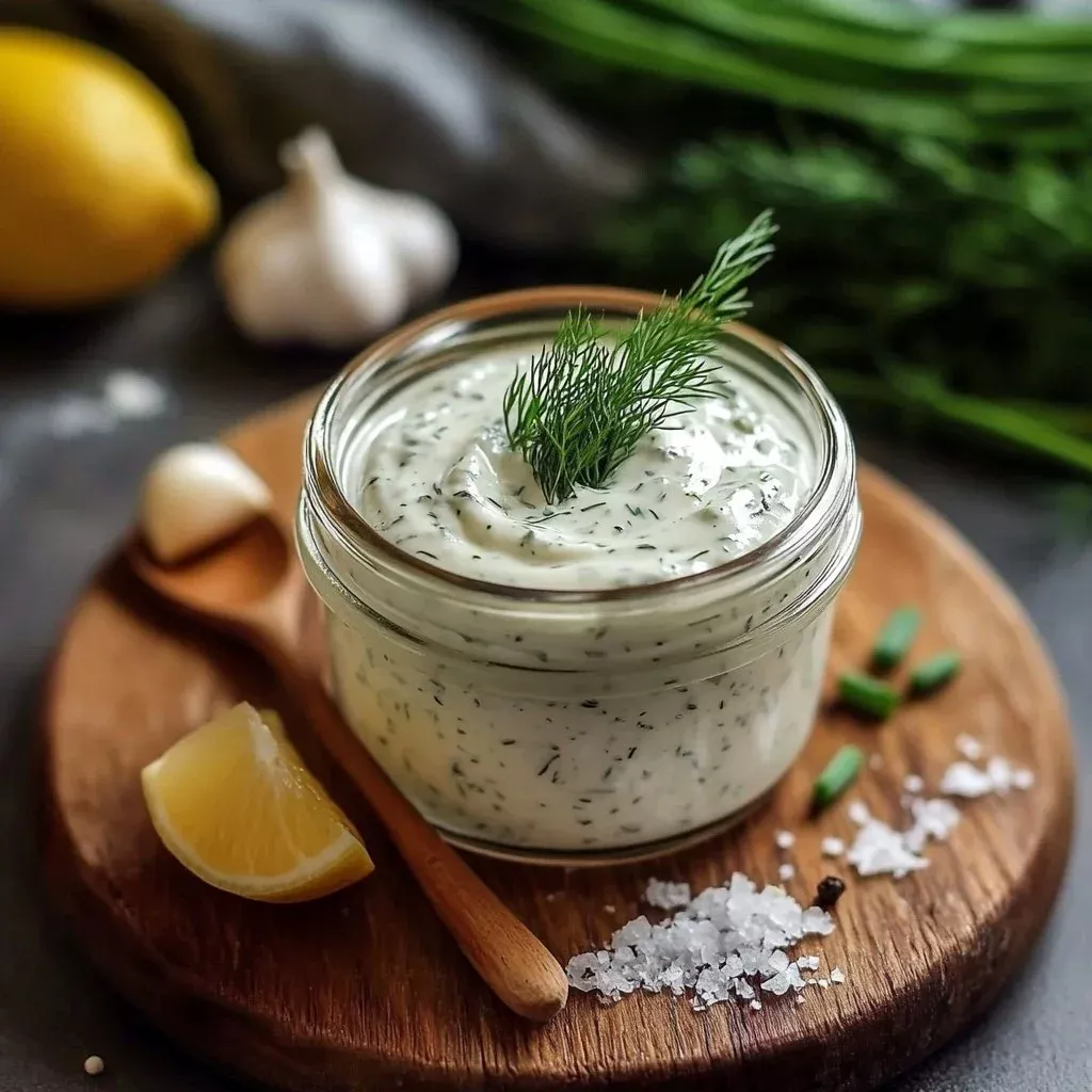 Homemade creamy ranch dressing served in a bowl with herbs and vegetables.