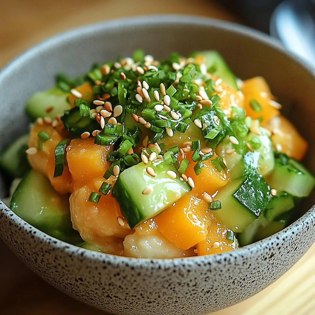 Creamy Korean potato salad served in a bowl with fresh vegetables and herbs