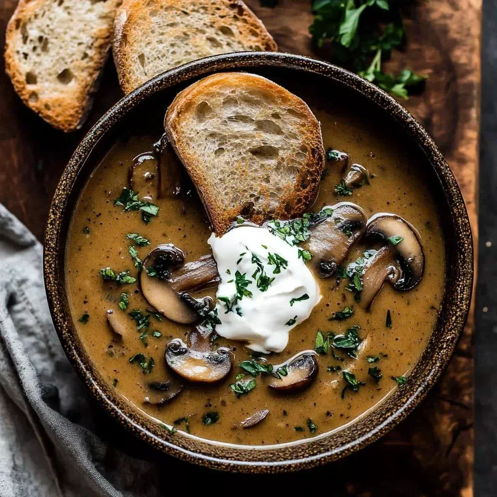 Creamy mushroom soup served in a bowl with fresh herbs on top.