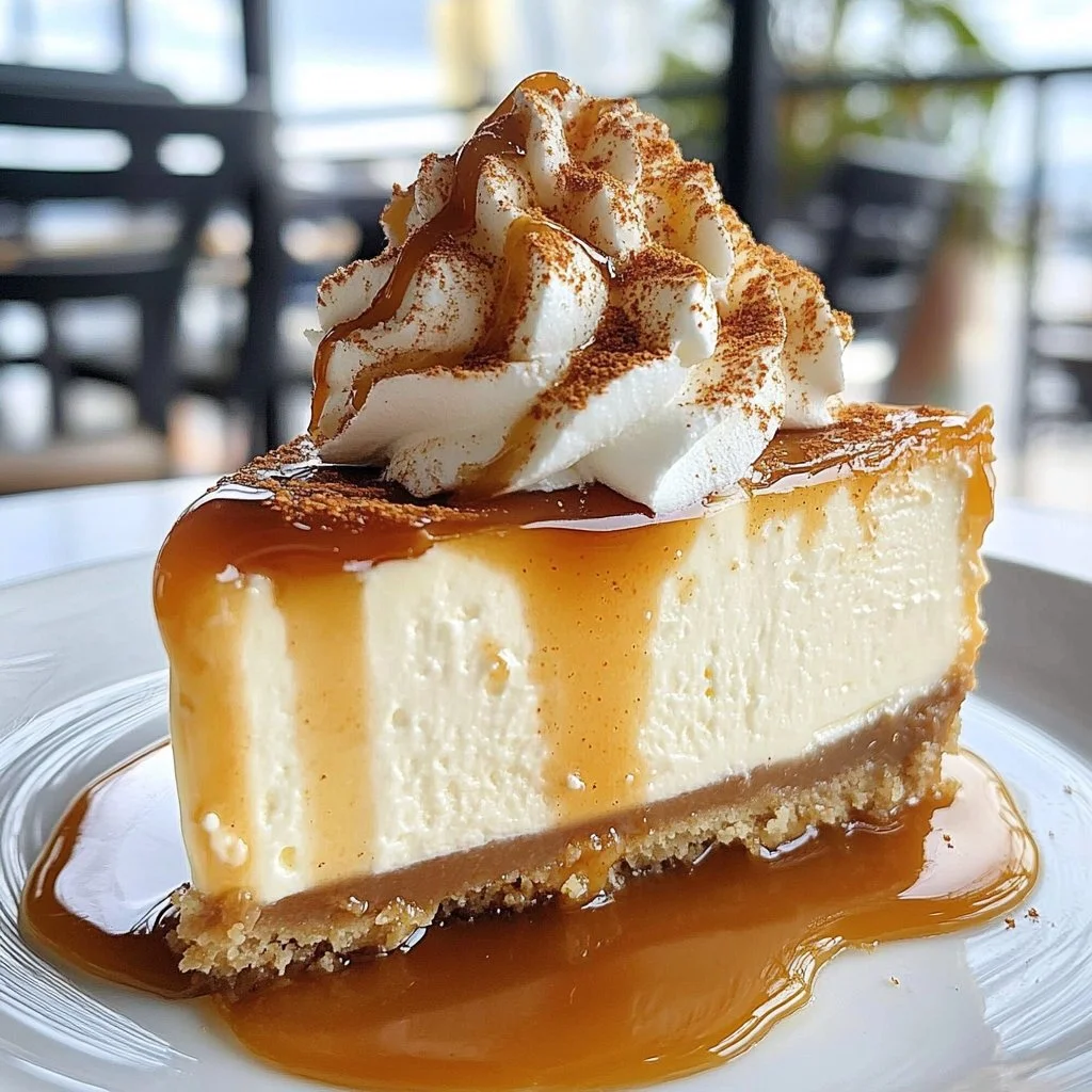 Delicious creamy no-bake pumpkin cheesecake served on a plate with whipped cream