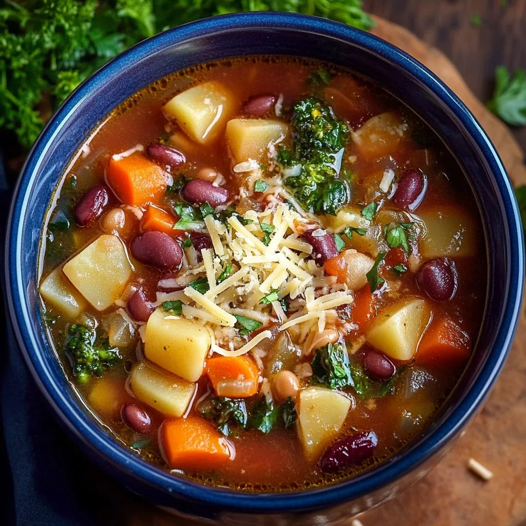 Creamy Olive Garden Minestrone soup in a bowl with vegetables