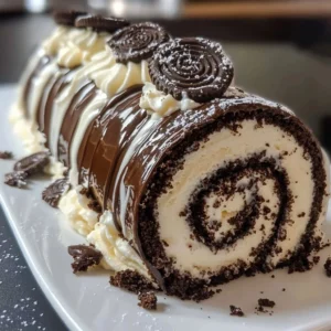 Delicious creamy Oreo chocolate roll garnished with crushed Oreos.