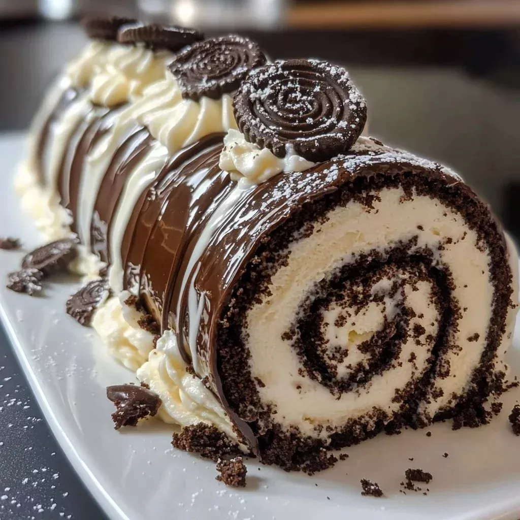 Delicious creamy Oreo chocolate roll garnished with crushed Oreos.