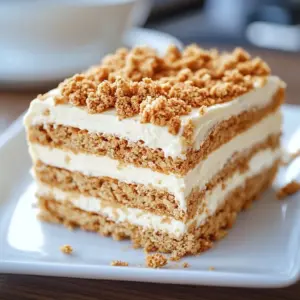 Creamy peanut butter ice box cake served on a plate with a chocolate drizzle.