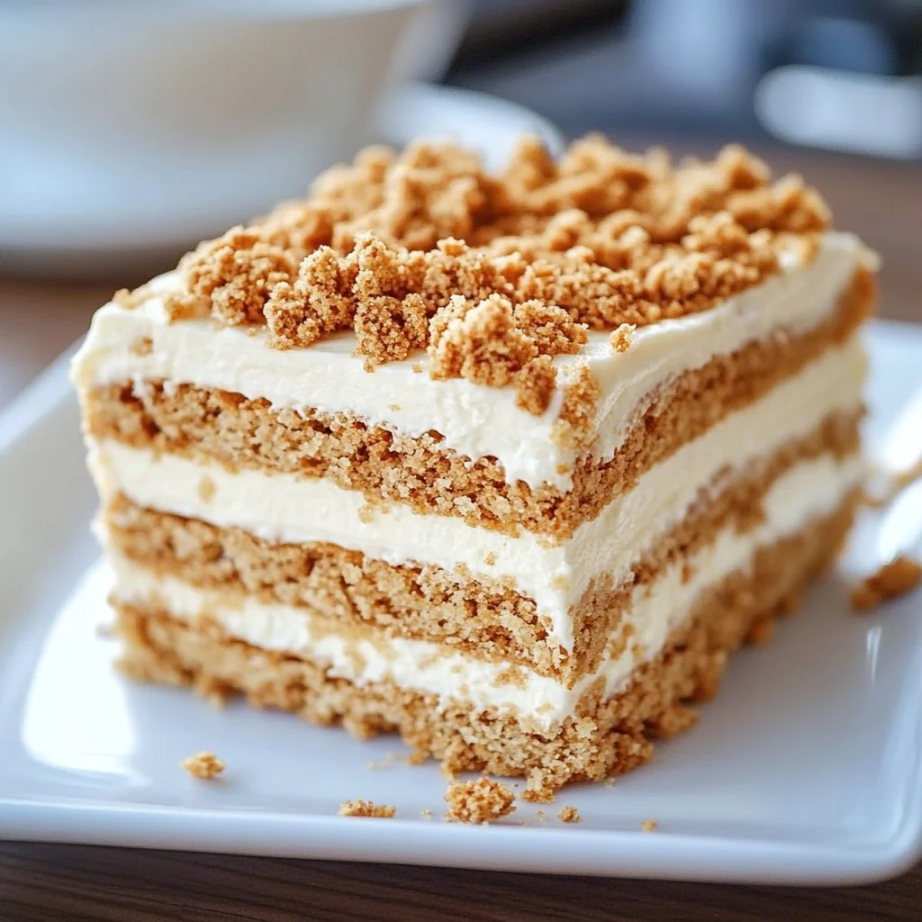 Creamy peanut butter ice box cake served on a plate with a chocolate drizzle.
