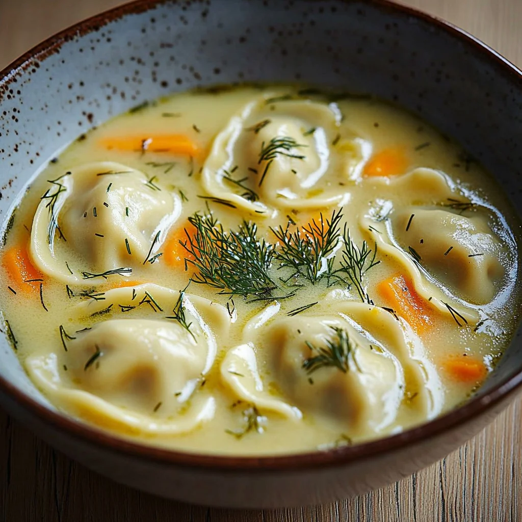 Bowl of creamy pierogi dill soup garnished with fresh dill and potatoes.