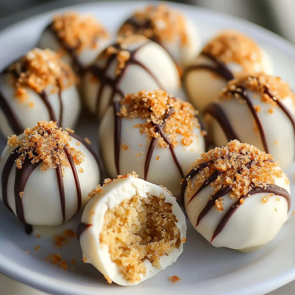 Creamy pumpkin pie cheesecake truffles arranged on a decorative plate.