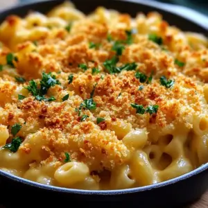 Creamy rich mac and cheese topped with breadcrumbs in a baking dish.