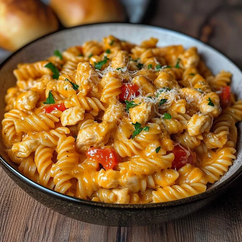 Creamy Rotel chicken pasta served in a bowl with fresh herbs on top.