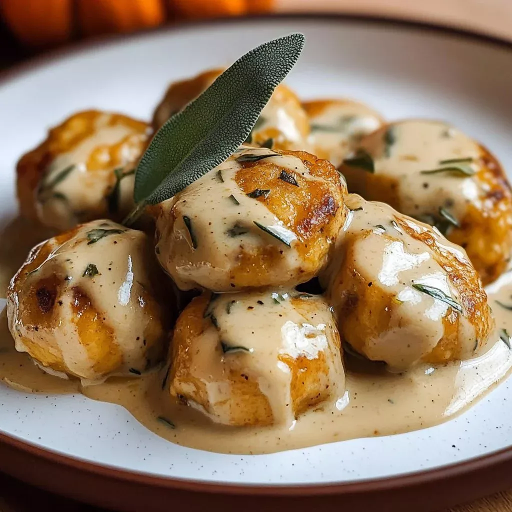 Creamy sage pumpkin chicken meatballs served with herbs on a plate