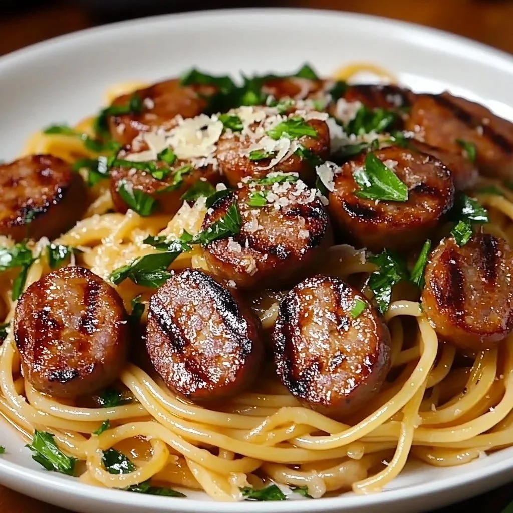 Creamy sausage pasta dish topped with honey and herbs