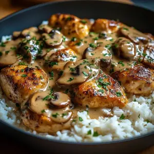 Creamy smothered chicken served over rice, showcasing a savory and delicious meal.