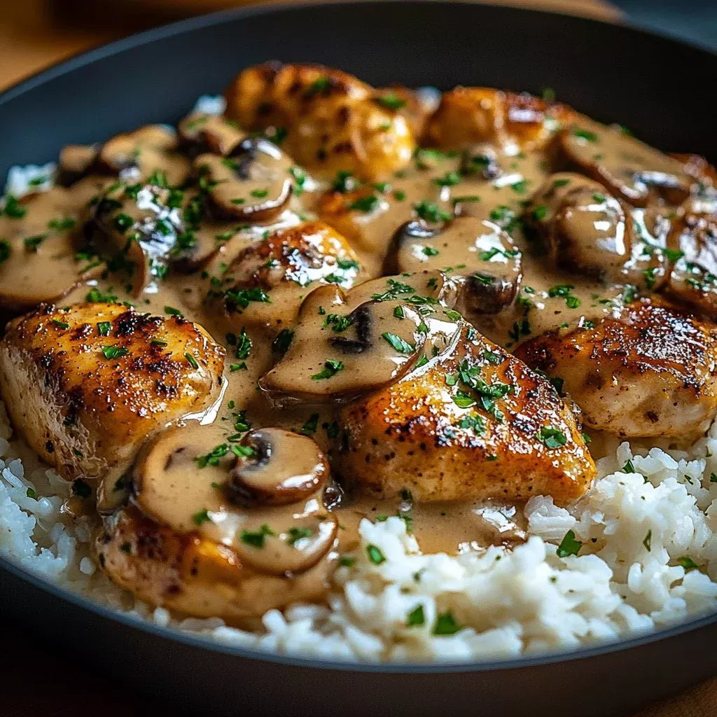 Creamy smothered chicken served over rice, showcasing a savory and delicious meal.