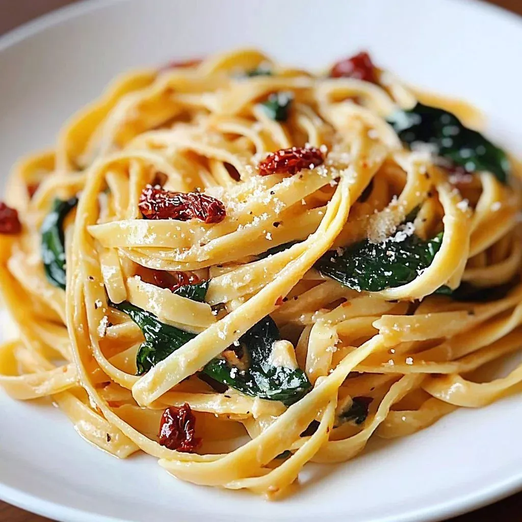 Creamy spinach linguine with sun-dried tomatoes garnished with fresh herbs