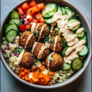 Creamy tahini falafel bowl topped with fresh vegetables and herbs