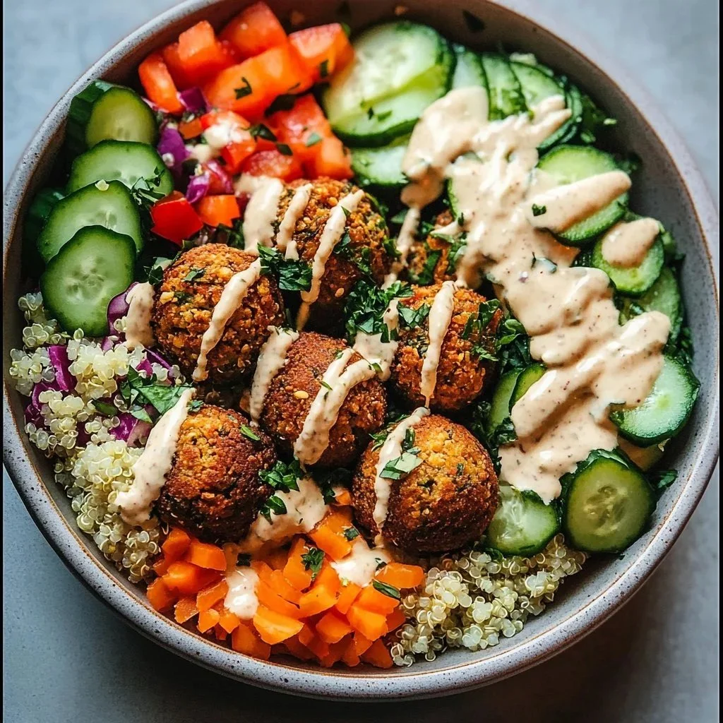 Creamy tahini falafel bowl topped with fresh vegetables and herbs