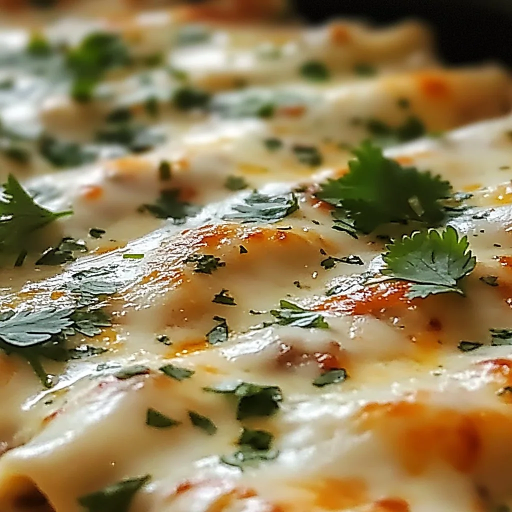 Creamy white chicken enchiladas served on a plate with toppings