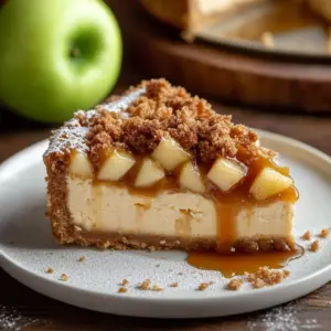 Slice of crisp apple cheesecake topped with fresh apple slices and caramel drizzle