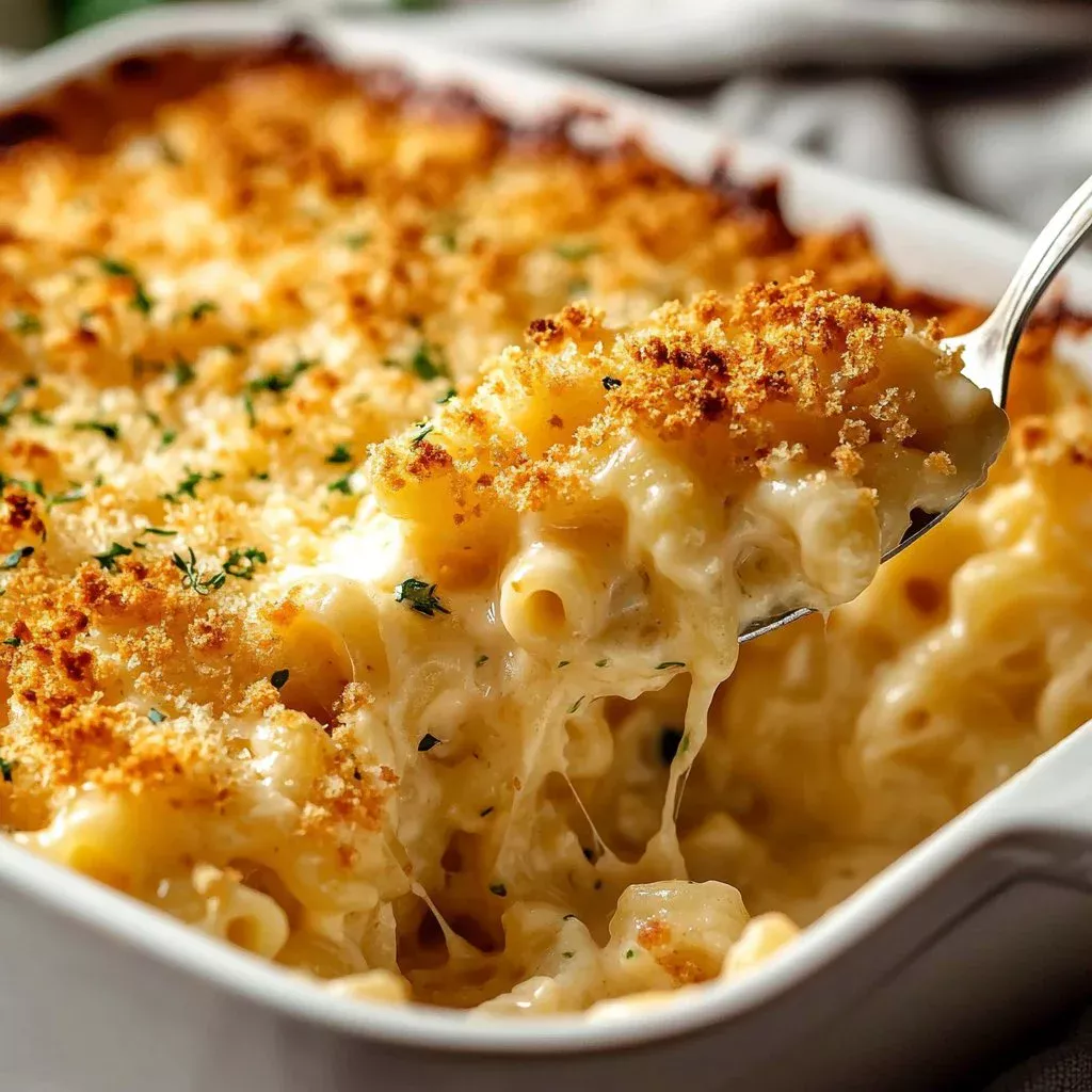 A delicious serving of crispy baked mac and cheese topped with golden breadcrumbs.