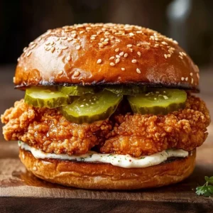 Crispy chicken sandwich with pickles on a plate