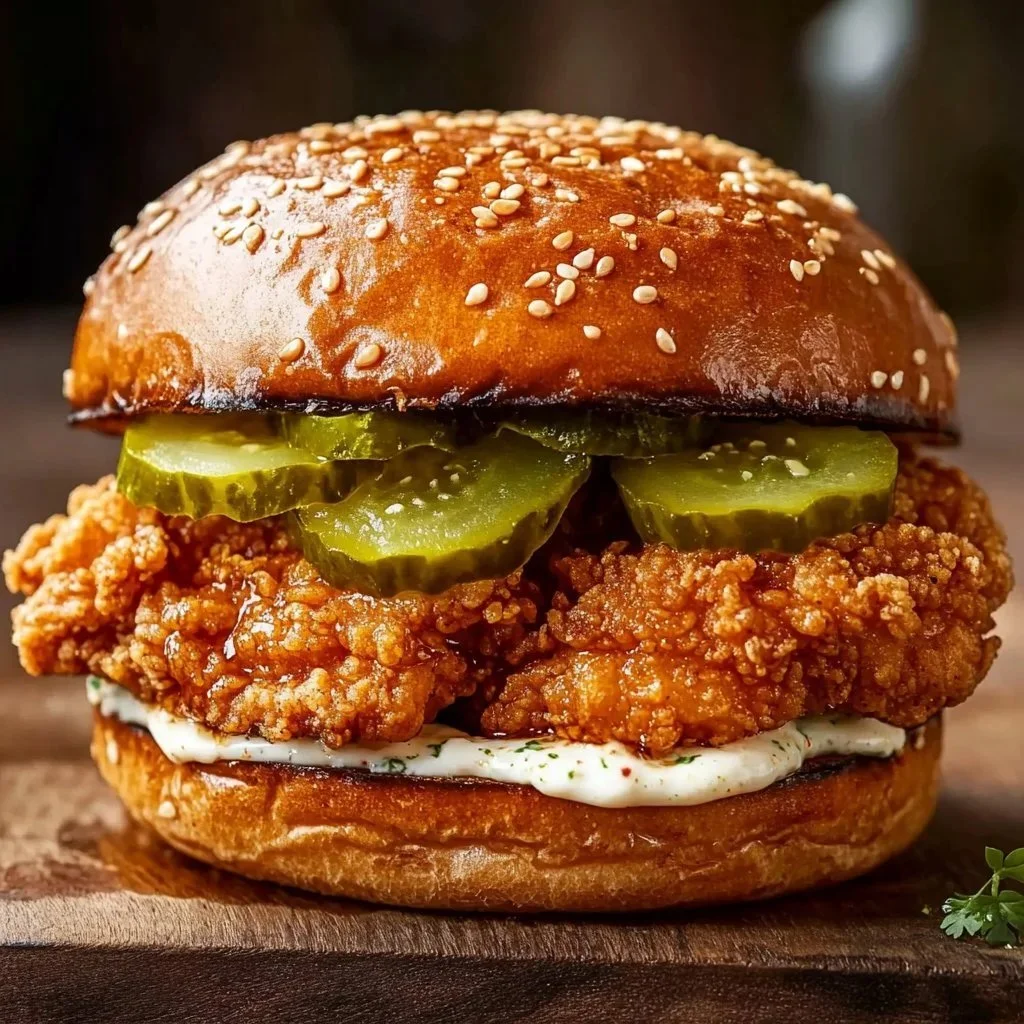 Crispy chicken sandwich with pickles on a plate