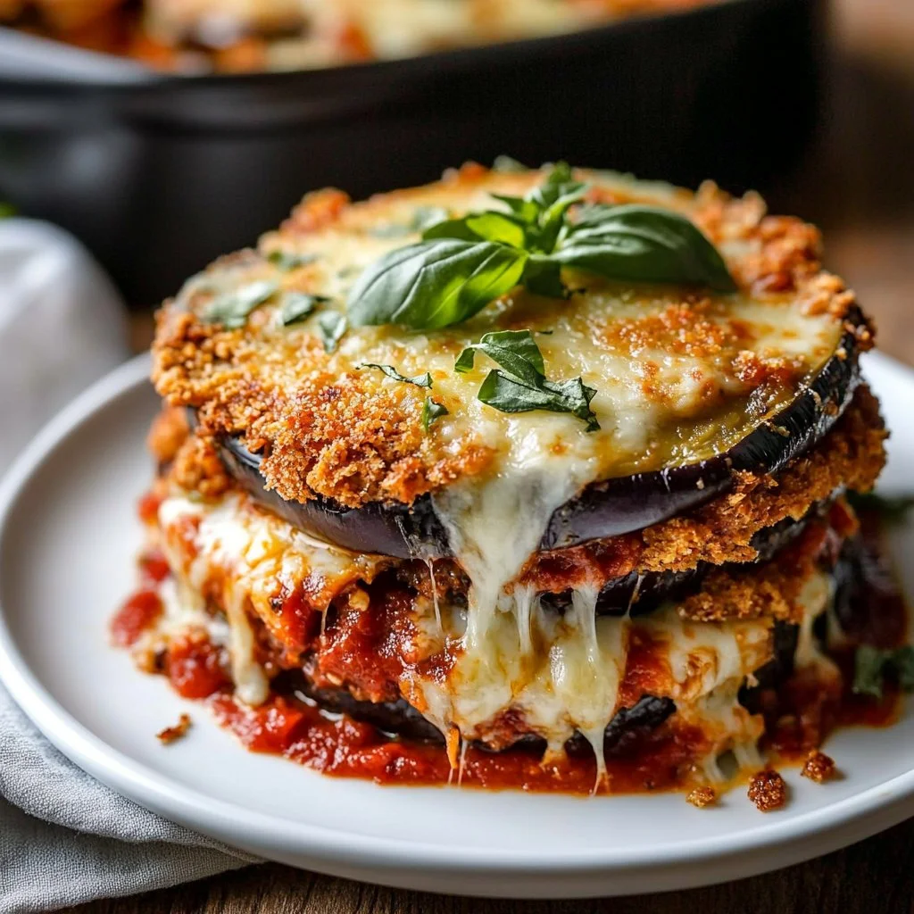 Crispy oven baked eggplant parmesan served with fresh herbs and cheese.
