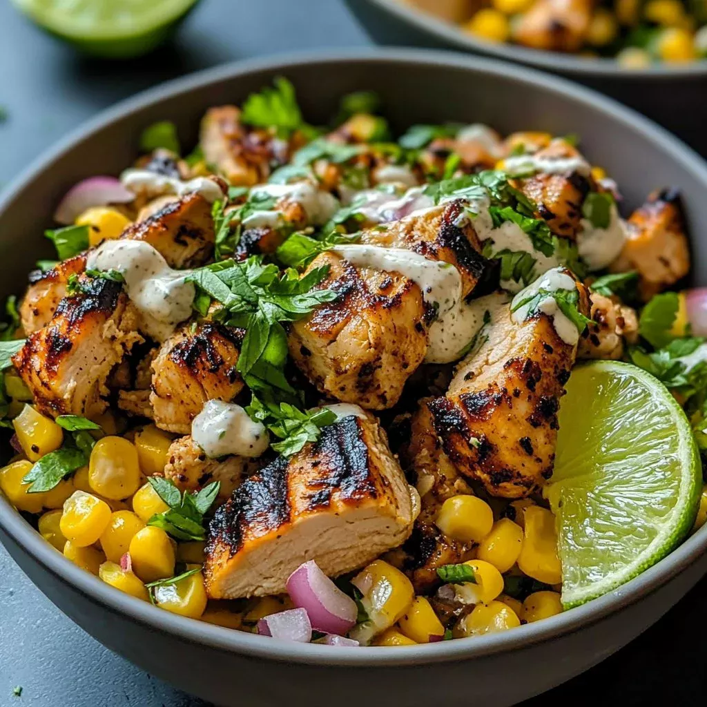 Delicious street corn chicken bowl with grilled chicken and fresh toppings