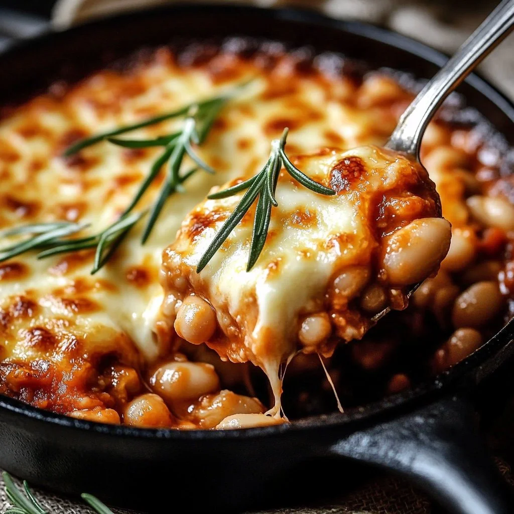 Cozy white bean tomato bake in a ceramic dish, perfect for quick dinners.