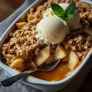 Bowl of easy apple crisp topped with vanilla ice cream