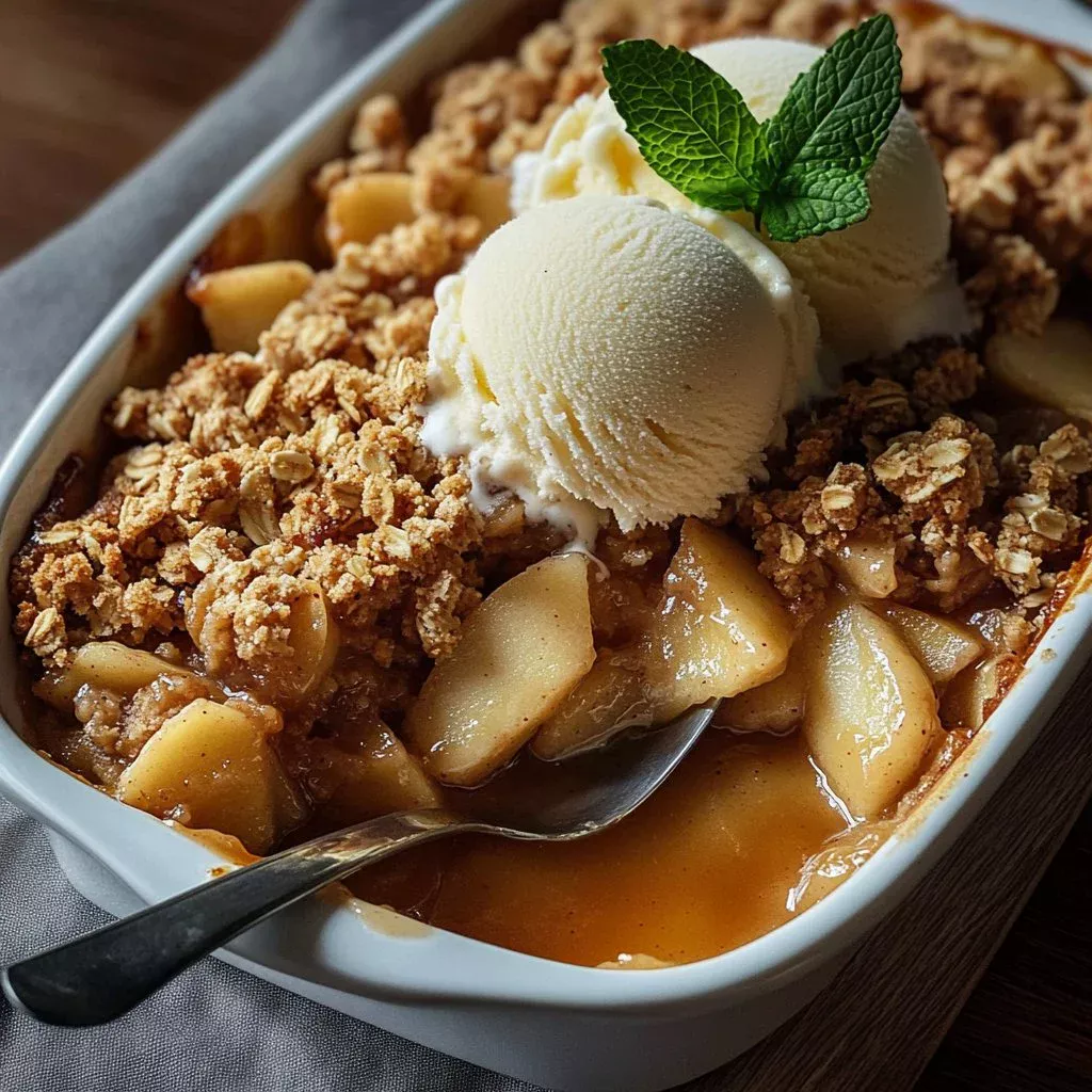 Bowl of easy apple crisp topped with vanilla ice cream