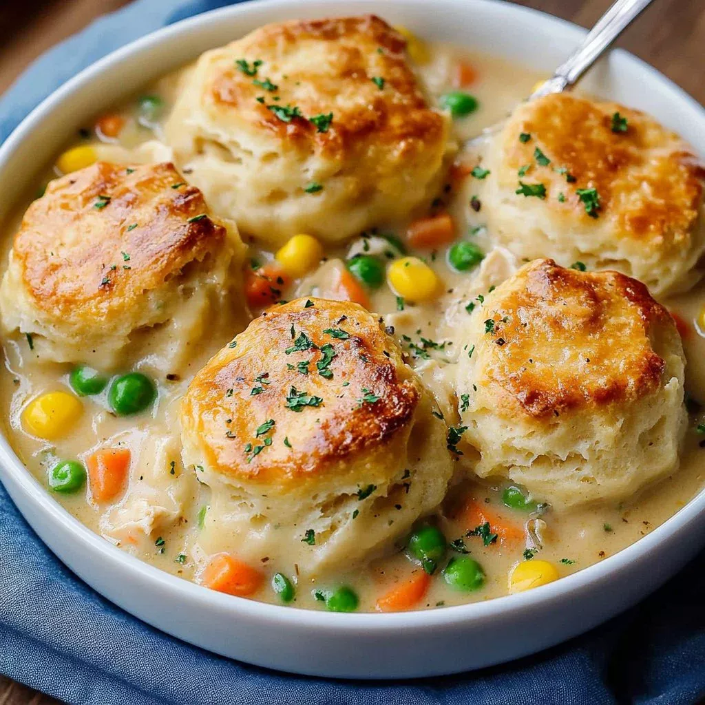 Easy chicken pot pie topped with golden biscuits, perfect for a comforting meal.