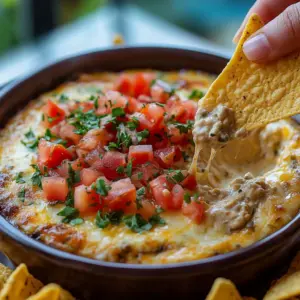 Easy slow cooker Rotel dip served in a bowl with tortilla chips
