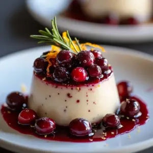 Delicious Eggnog Panna Cotta with vibrant cranberry sauce on top
