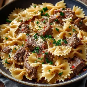 Delicious Garlic Butter Beef Bowtie Pasta served in a bowl