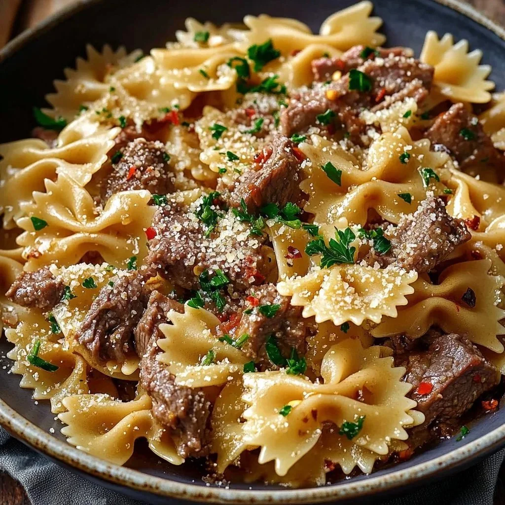 Delicious Garlic Butter Beef Bowtie Pasta served in a bowl
