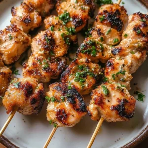 Garlic Parmesan Ranch Chicken Skewers ready for grilling with herbs and spices
