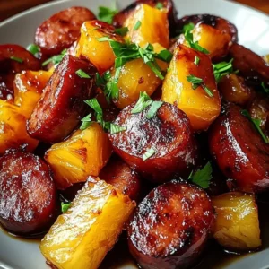 Glazed sausage and pineapple bites served on a platter