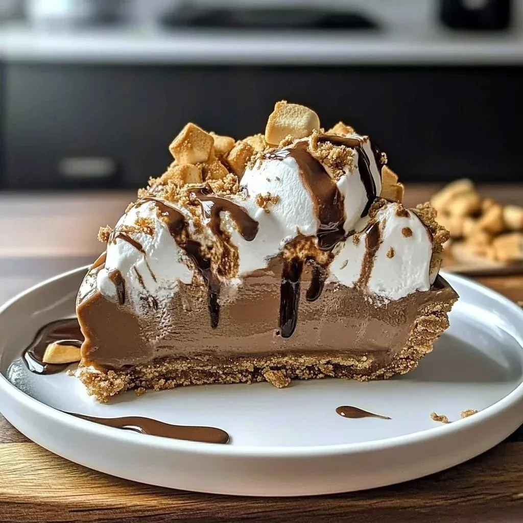 Gooey S'mores Ice Cream Pie with chocolate, graham cracker crust, and marshmallows
