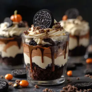 Spooky Graveyard Dirt Cups dessert with chocolate, cookies, and gummy worms.